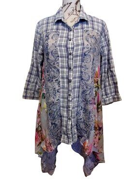 Aratta Plaid & Floral Mixed Print Button-Down Tunic Shirt With Asymmetrical Hem